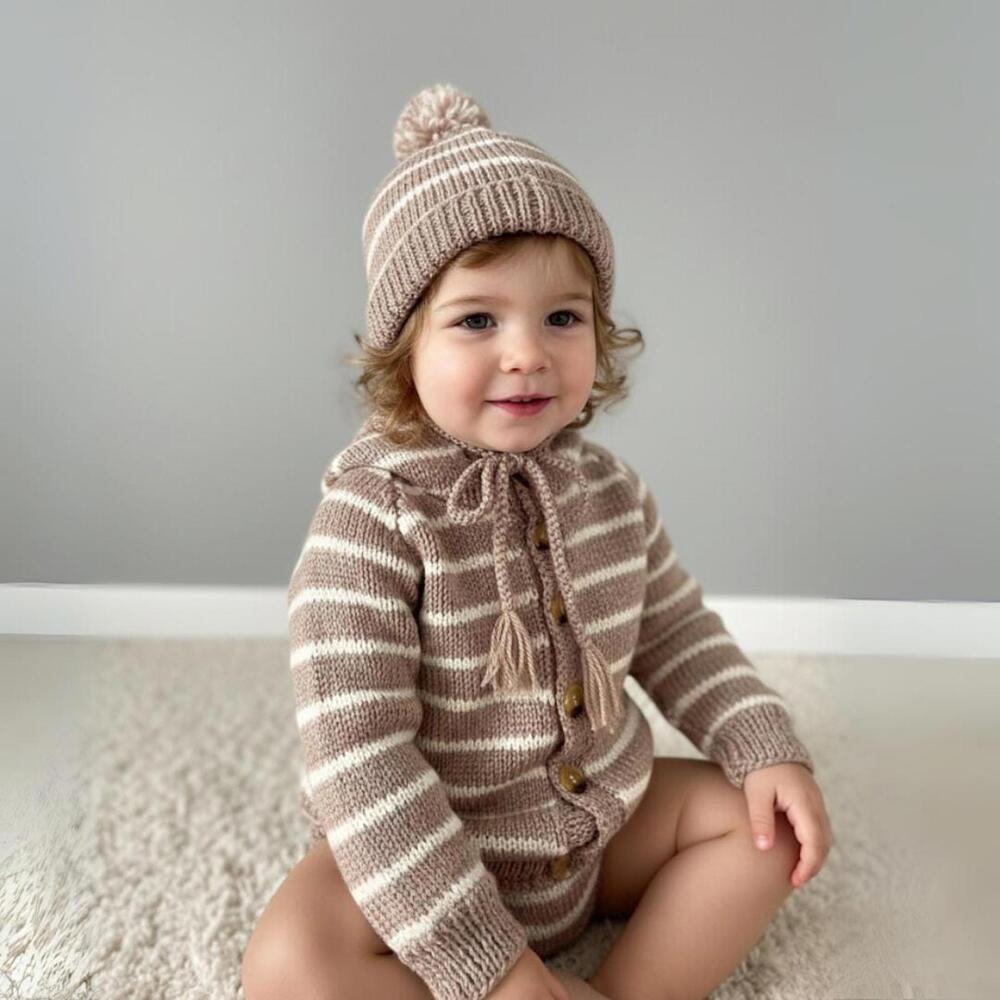 Brown Knit Baby Sweater & Hat Set | Baby Shower Gift | Handmade Striped Cardigan
